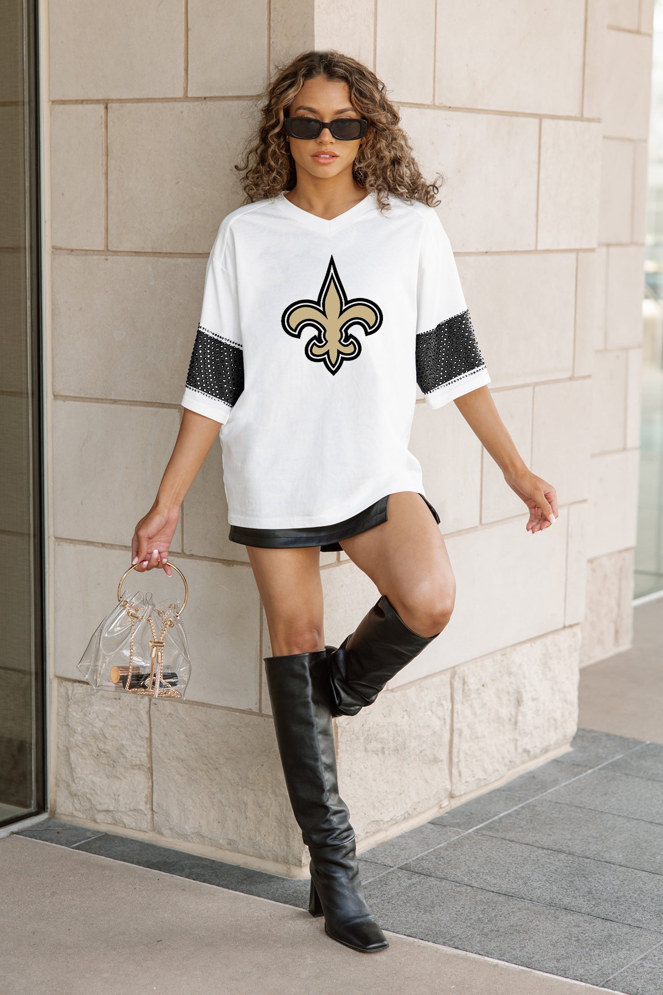 NEW ORLEANS SAINTS DOMINANCE RHINESTONE STRIPE VARSITY TEE