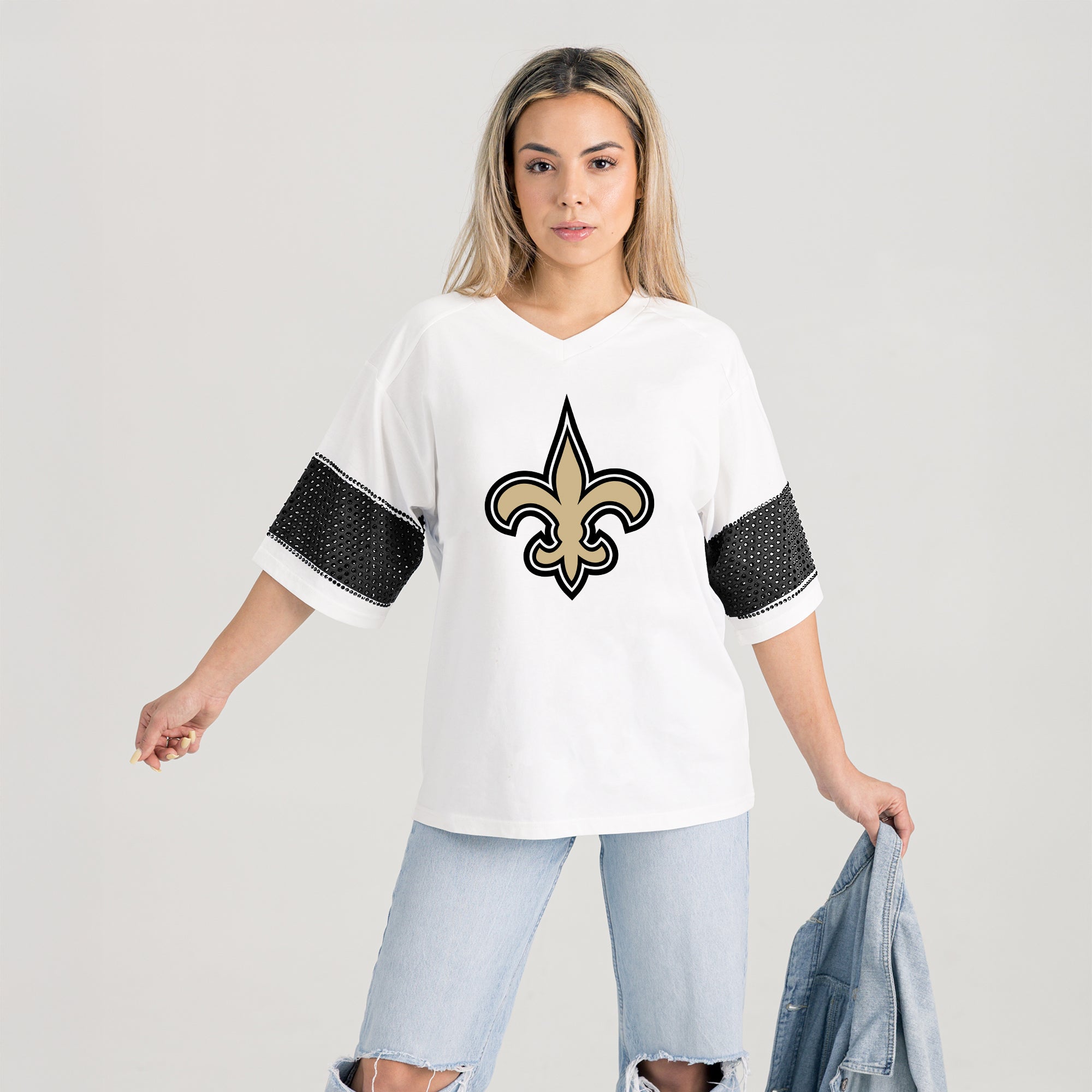 NEW ORLEANS SAINTS DOMINANCE RHINESTONE STRIPE VARSITY TEE
