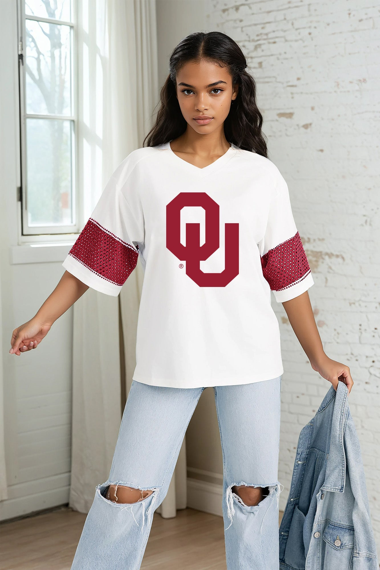 OKLAHOMA SOONERS DOMINANCE RHINESTONE STRIPE VARSITY TEE