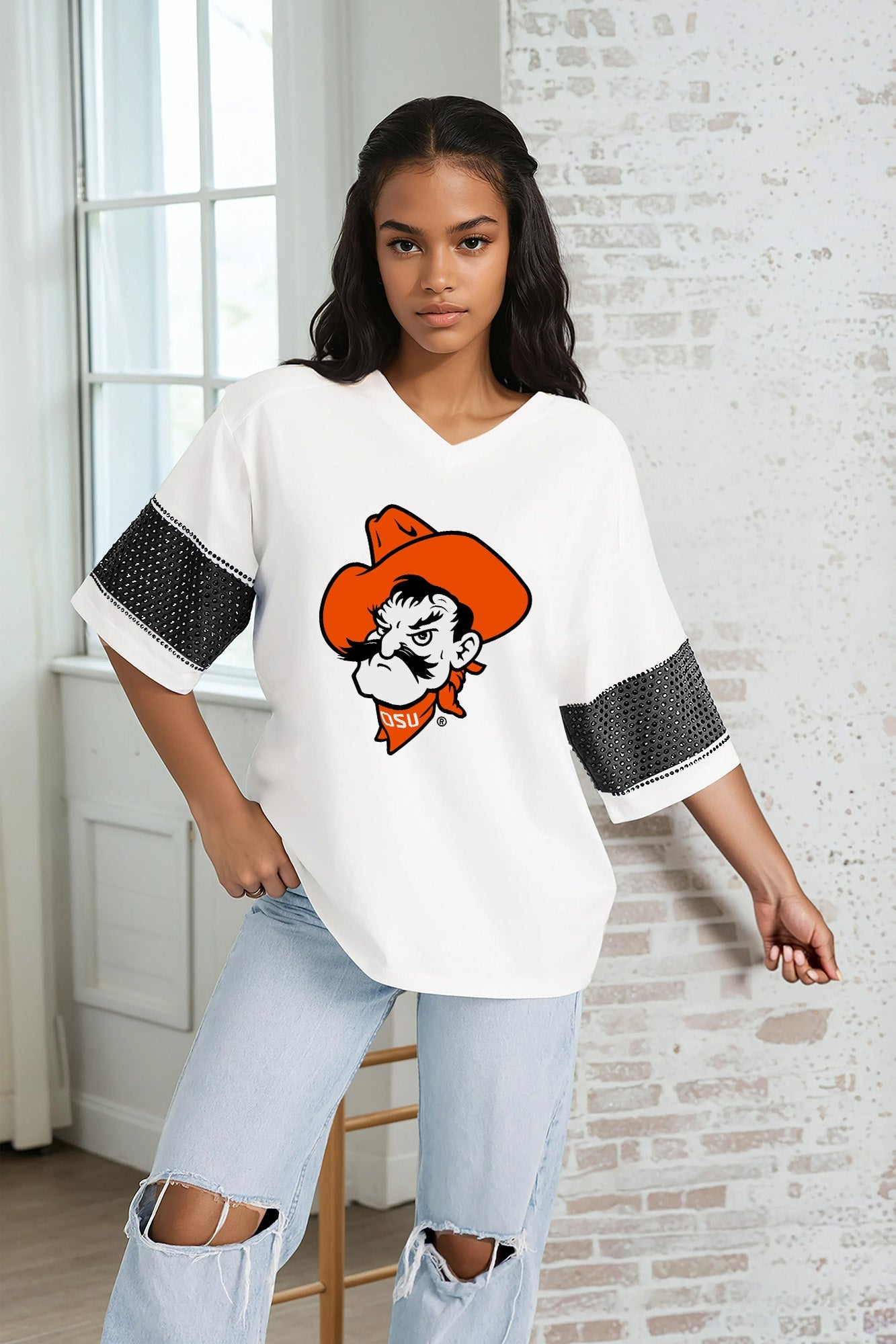 OKLAHOMA STATE COWBOYS DOMINANCE RHINESTONE STRIPE VARSITY TEE