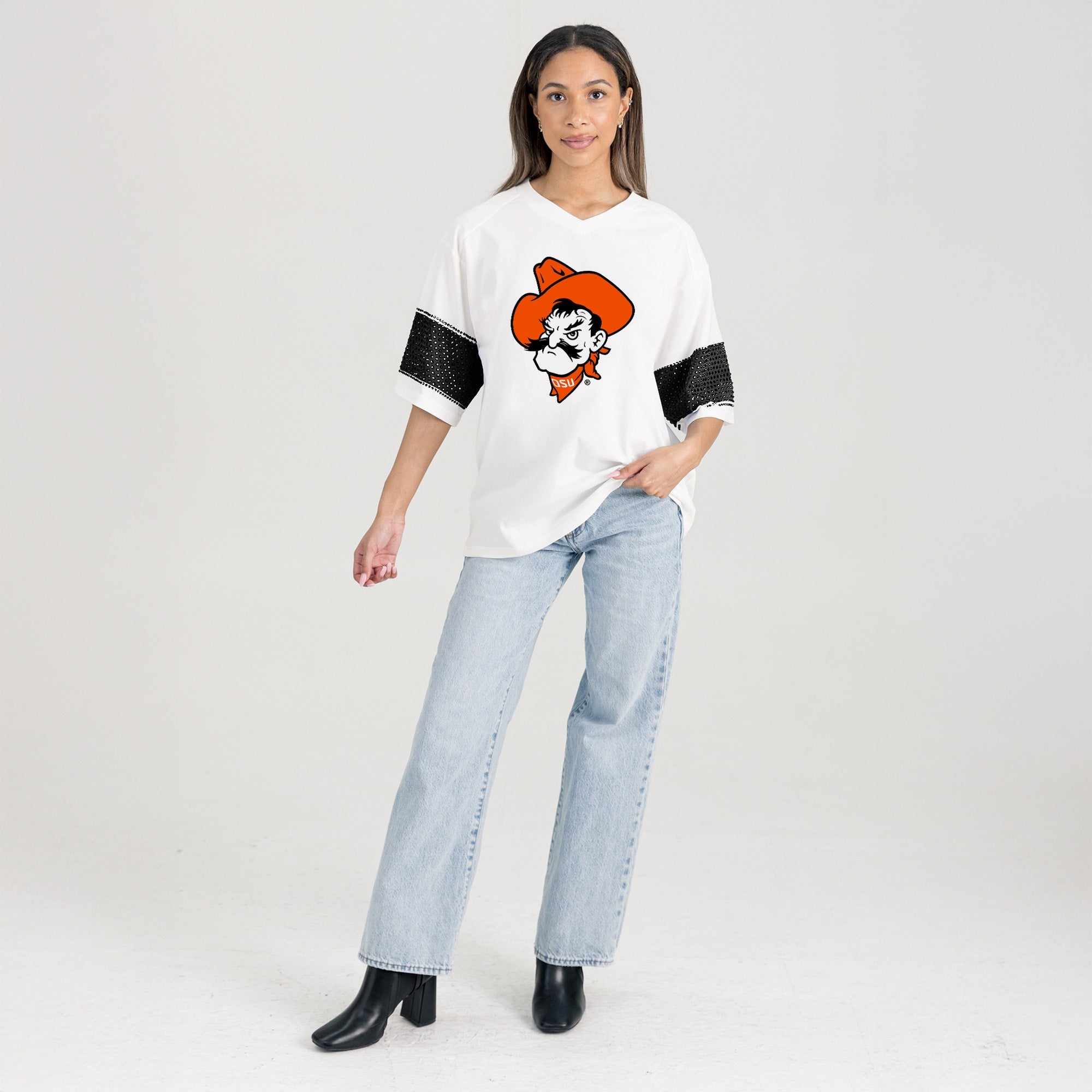 OKLAHOMA STATE COWBOYS DOMINANCE RHINESTONE STRIPE VARSITY TEE