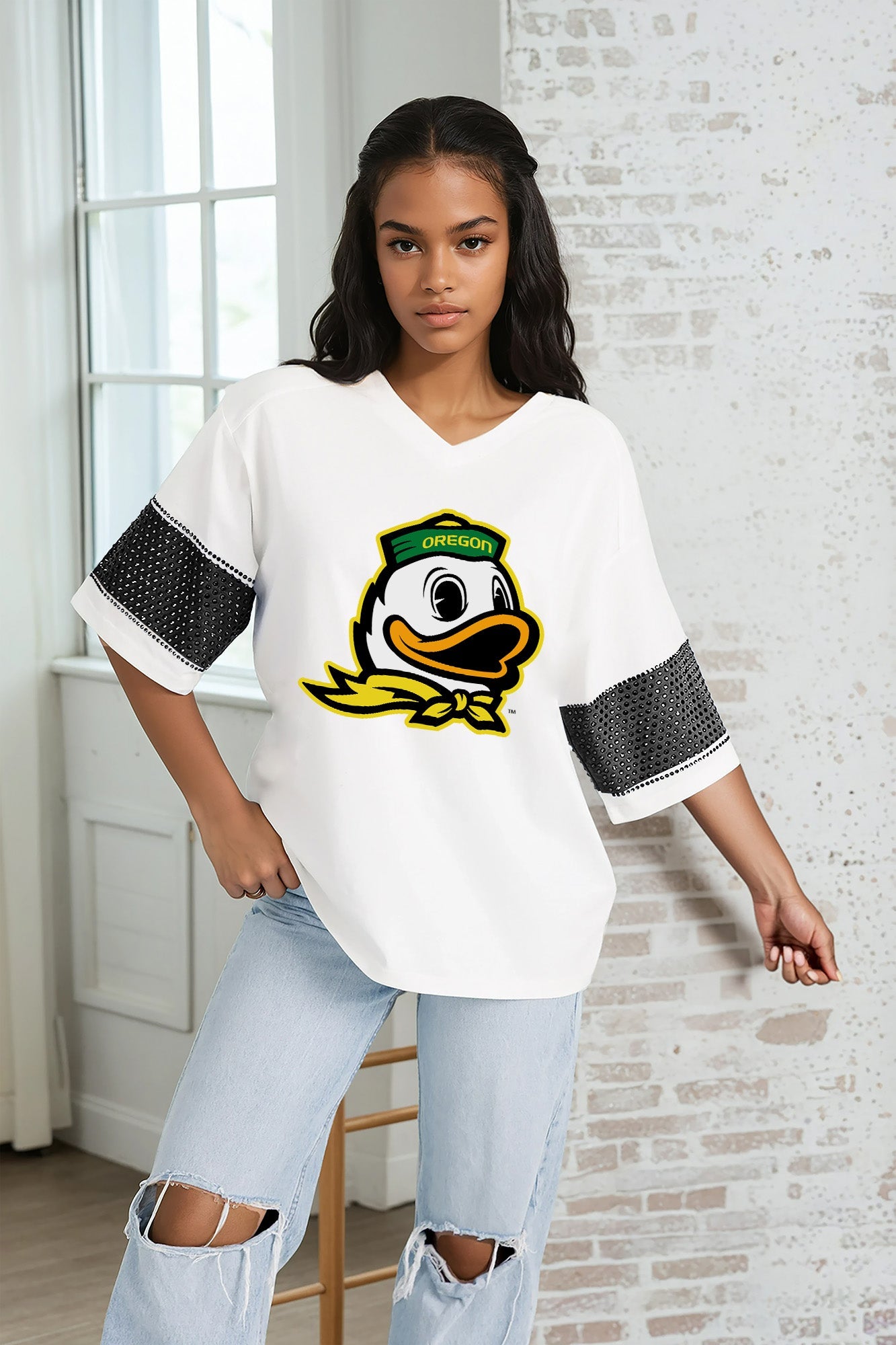 OREGON DUCKS DOMINANCE RHINESTONE STRIPE VARSITY TEE