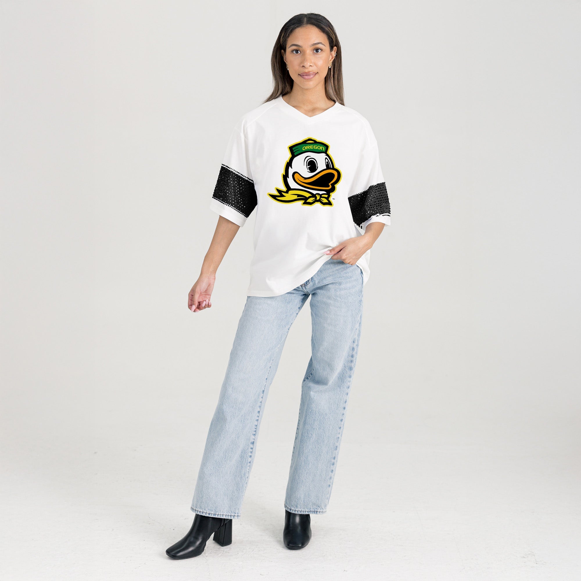 OREGON DUCKS DOMINANCE RHINESTONE STRIPE VARSITY TEE