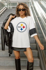 PITTSBURGH STEELERS DOMINANCE RHINESTONE STRIPE VARSITY TEE