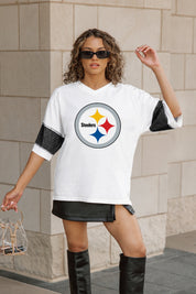 PITTSBURGH STEELERS DOMINANCE RHINESTONE STRIPE VARSITY TEE