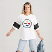 PITTSBURGH STEELERS DOMINANCE RHINESTONE STRIPE VARSITY TEE