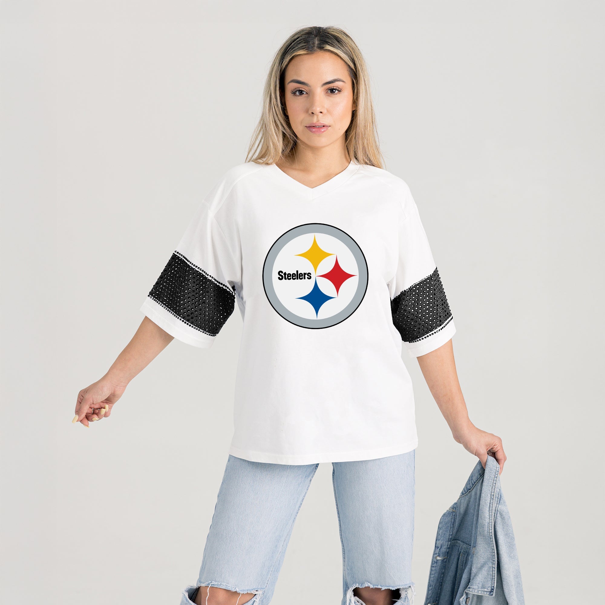 PITTSBURGH STEELERS DOMINANCE RHINESTONE STRIPE VARSITY TEE