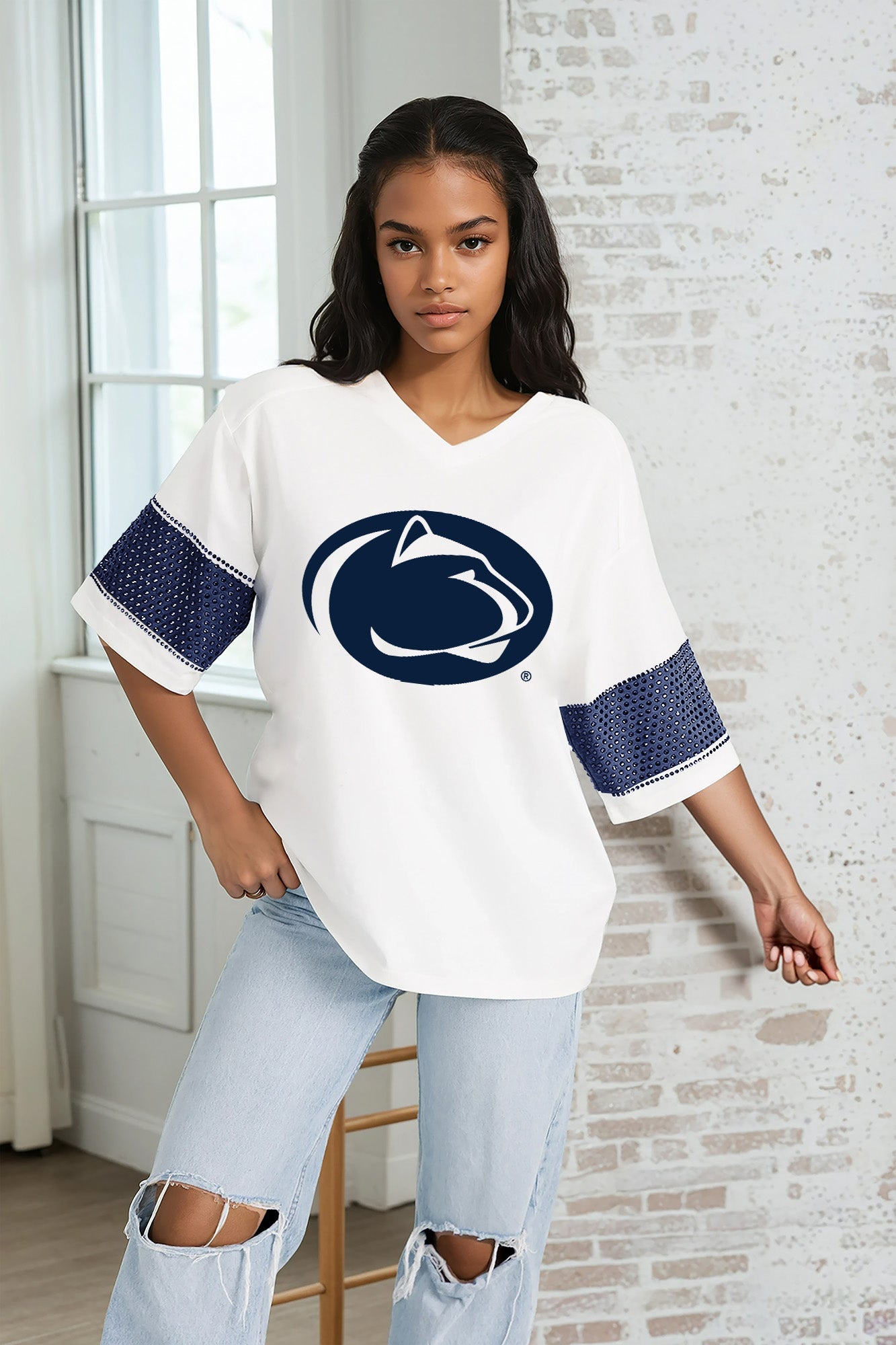 PENN STATE NITTANY LIONS DOMINANCE RHINESTONE STRIPE VARSITY TEE