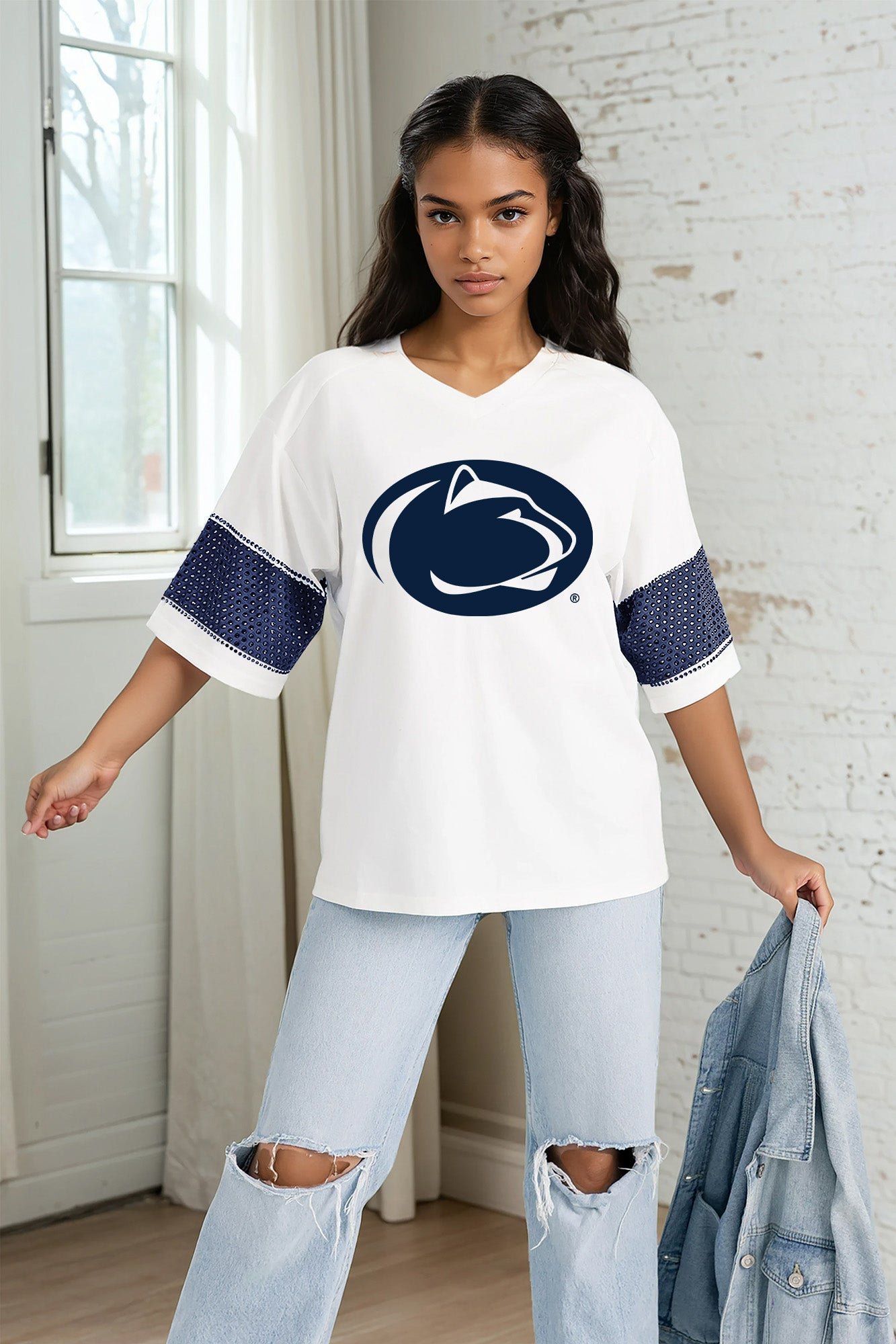 PENN STATE NITTANY LIONS DOMINANCE RHINESTONE STRIPE VARSITY TEE