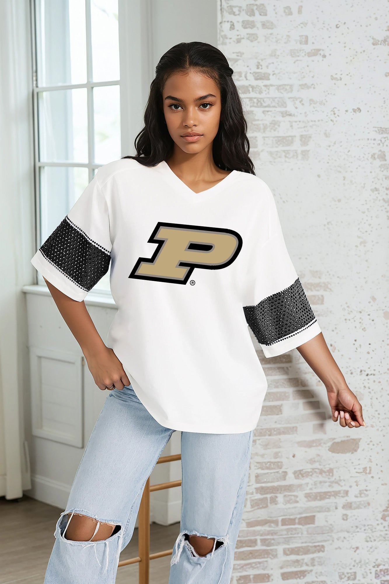PURDUE BOILERMAKERS DOMINANCE RHINESTONE STRIPE VARSITY TEE