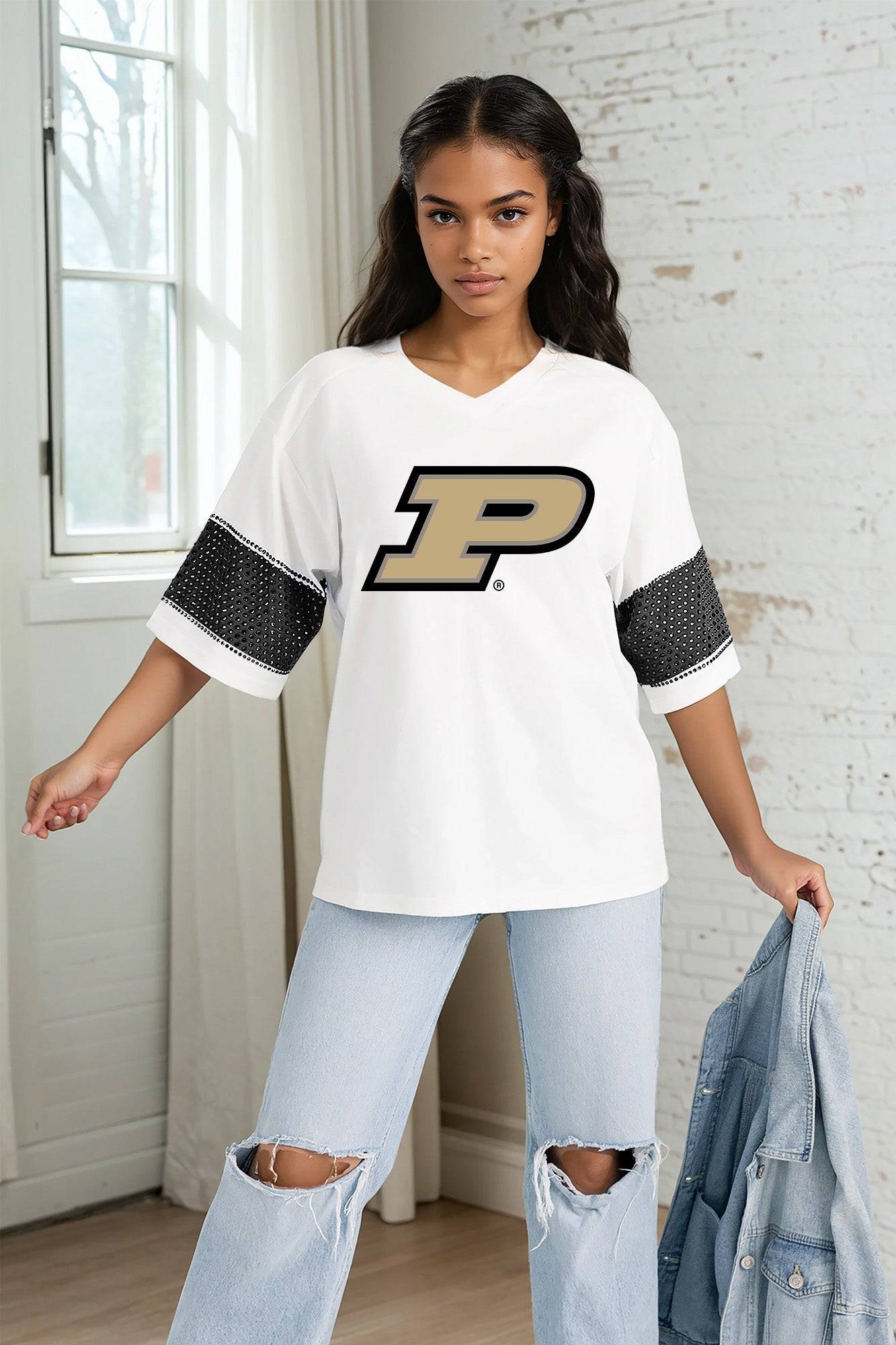 PURDUE BOILERMAKERS DOMINANCE RHINESTONE STRIPE VARSITY TEE