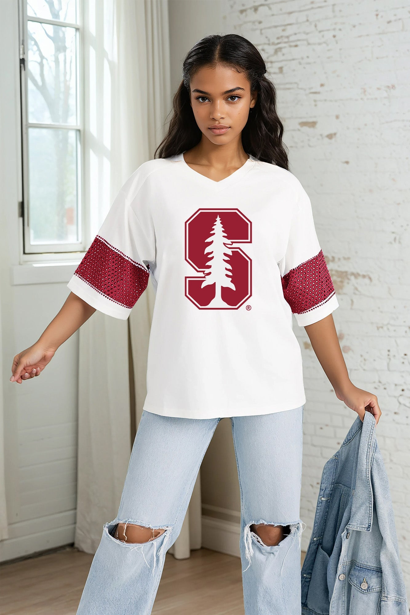 STANFORD CARDINAL DOMINANCE RHINESTONE STRIPE VARSITY TEE