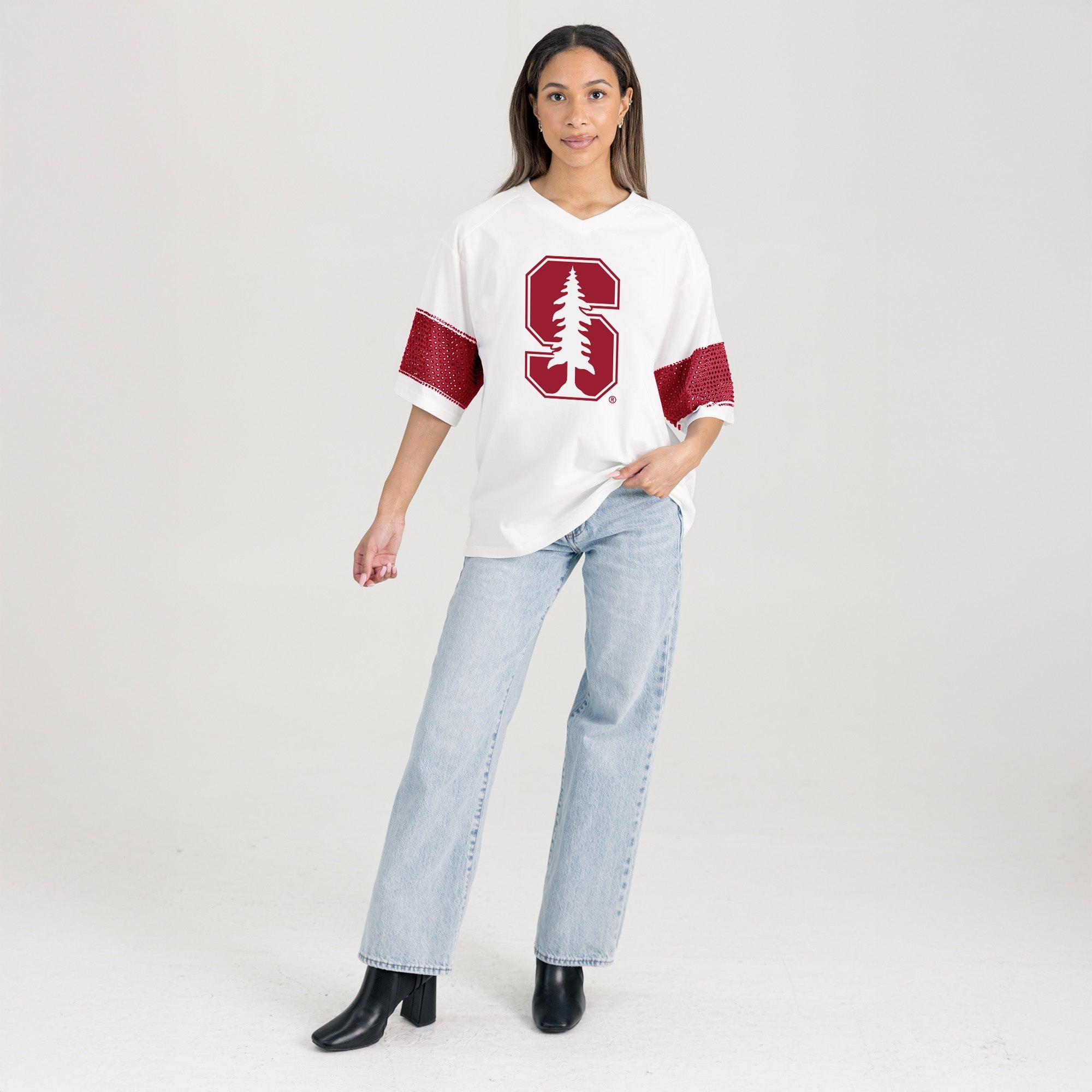 STANFORD CARDINAL DOMINANCE RHINESTONE STRIPE VARSITY TEE