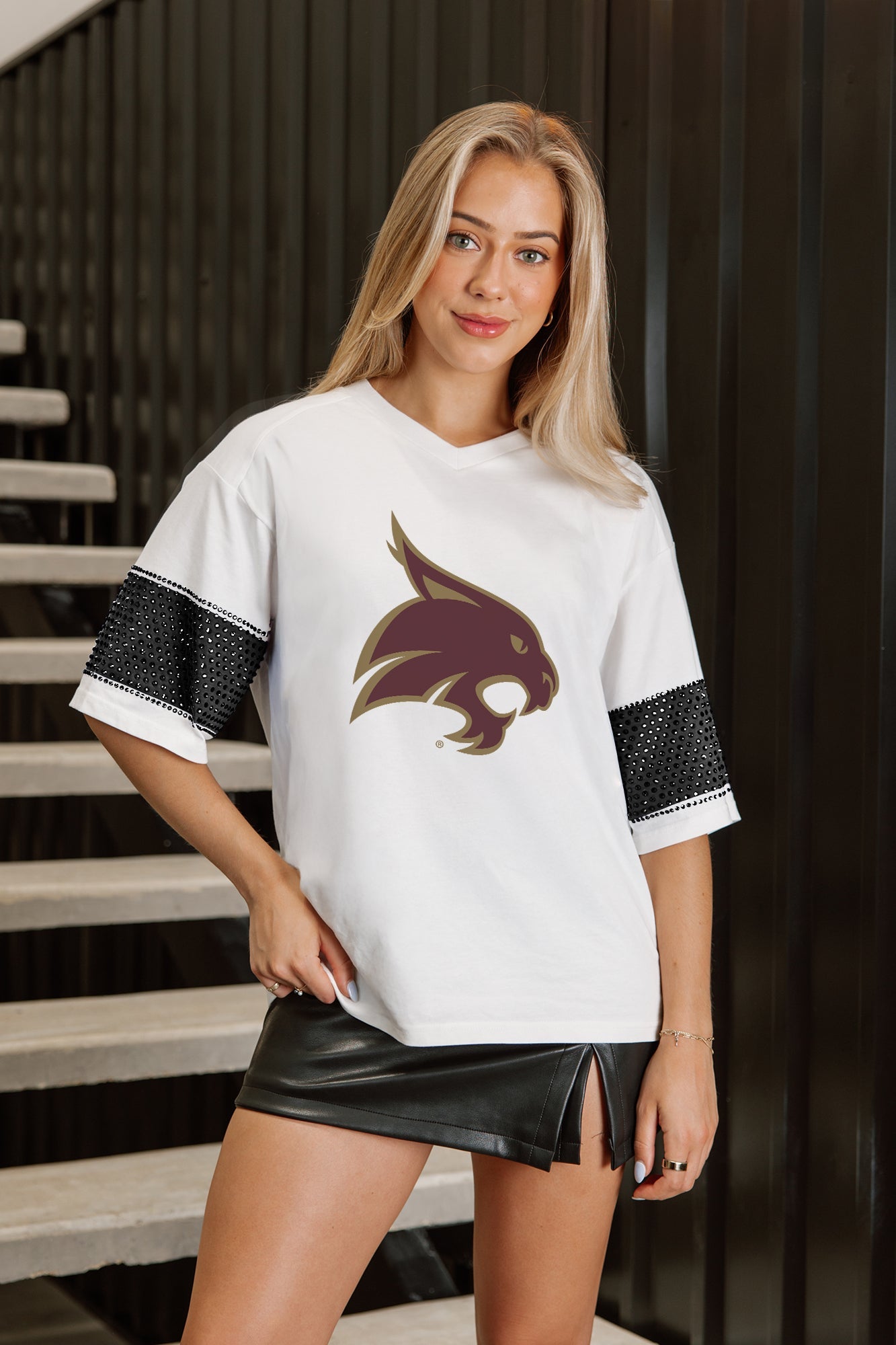 TEXAS STATE BOBCATS DOMINANCE RHINESTONE STRIPE VARSITY TEE