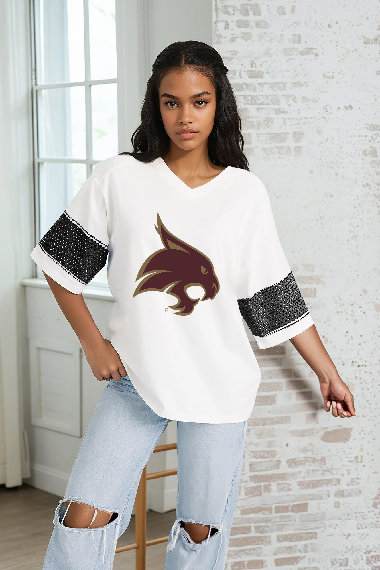 TEXAS STATE BOBCATS DOMINANCE RHINESTONE STRIPE VARSITY TEE