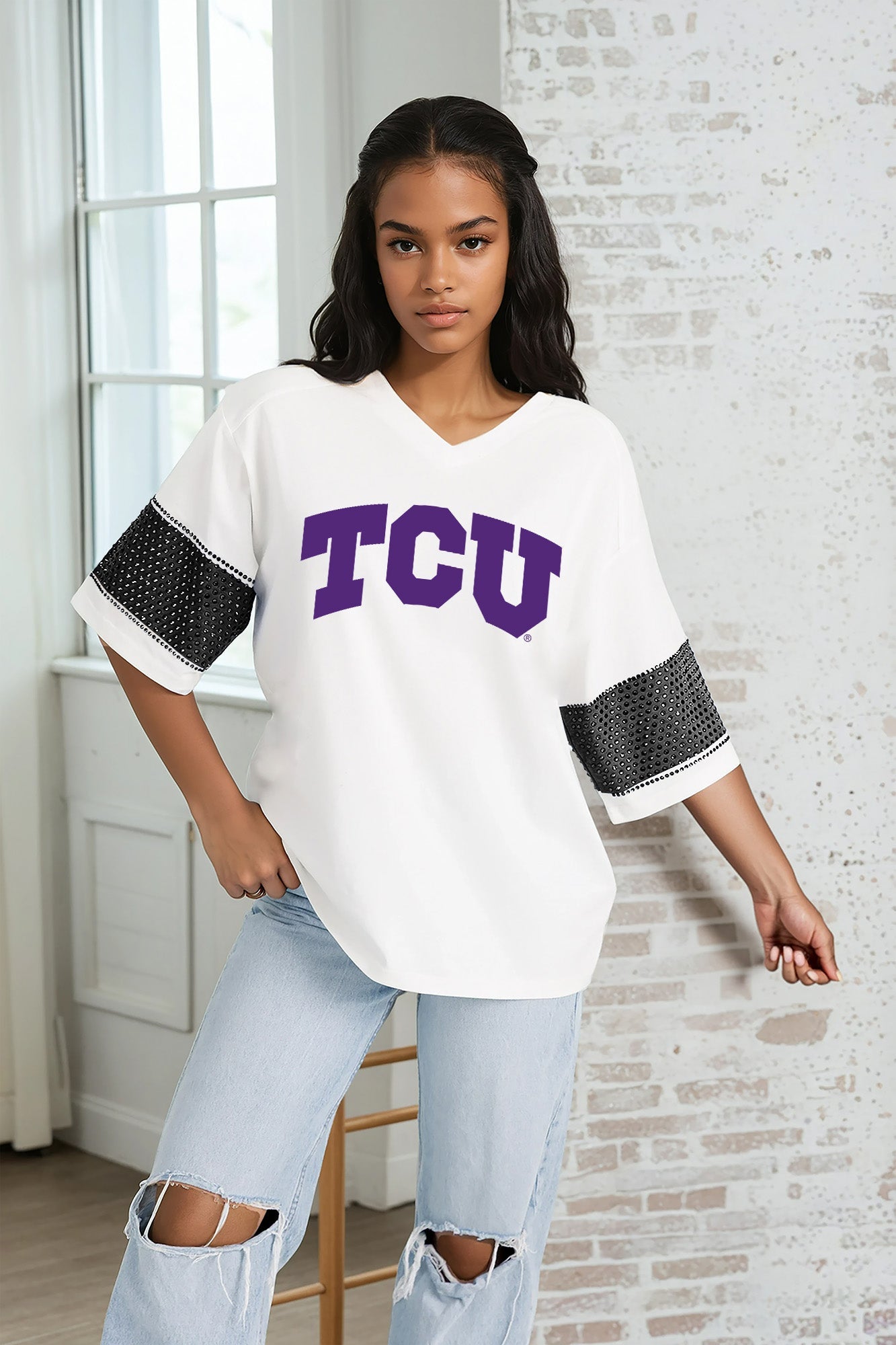TCU HORNED FROGS DOMINANCE RHINESTONE STRIPE VARSITY TEE