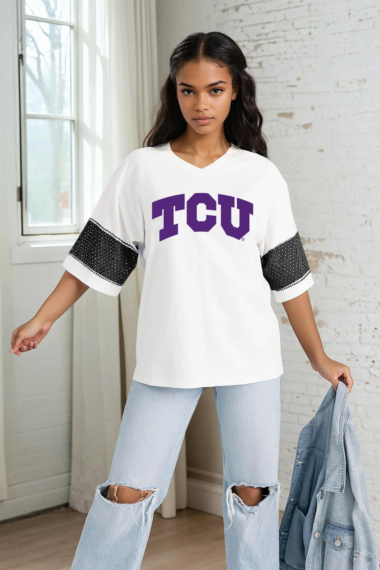 TCU HORNED FROGS DOMINANCE RHINESTONE STRIPE VARSITY TEE