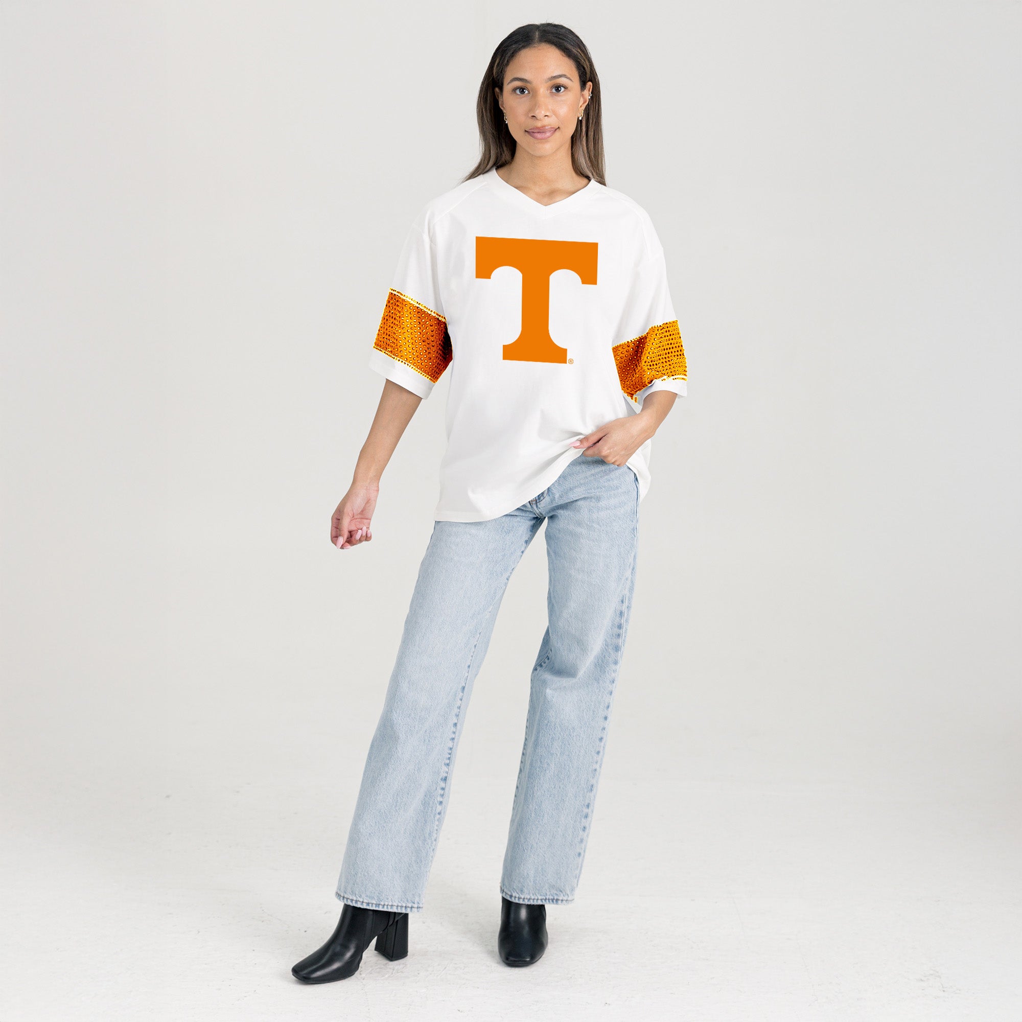 TENNESSEE VOLUNTEERS DOMINANCE RHINESTONE STRIPE VARSITY TEE