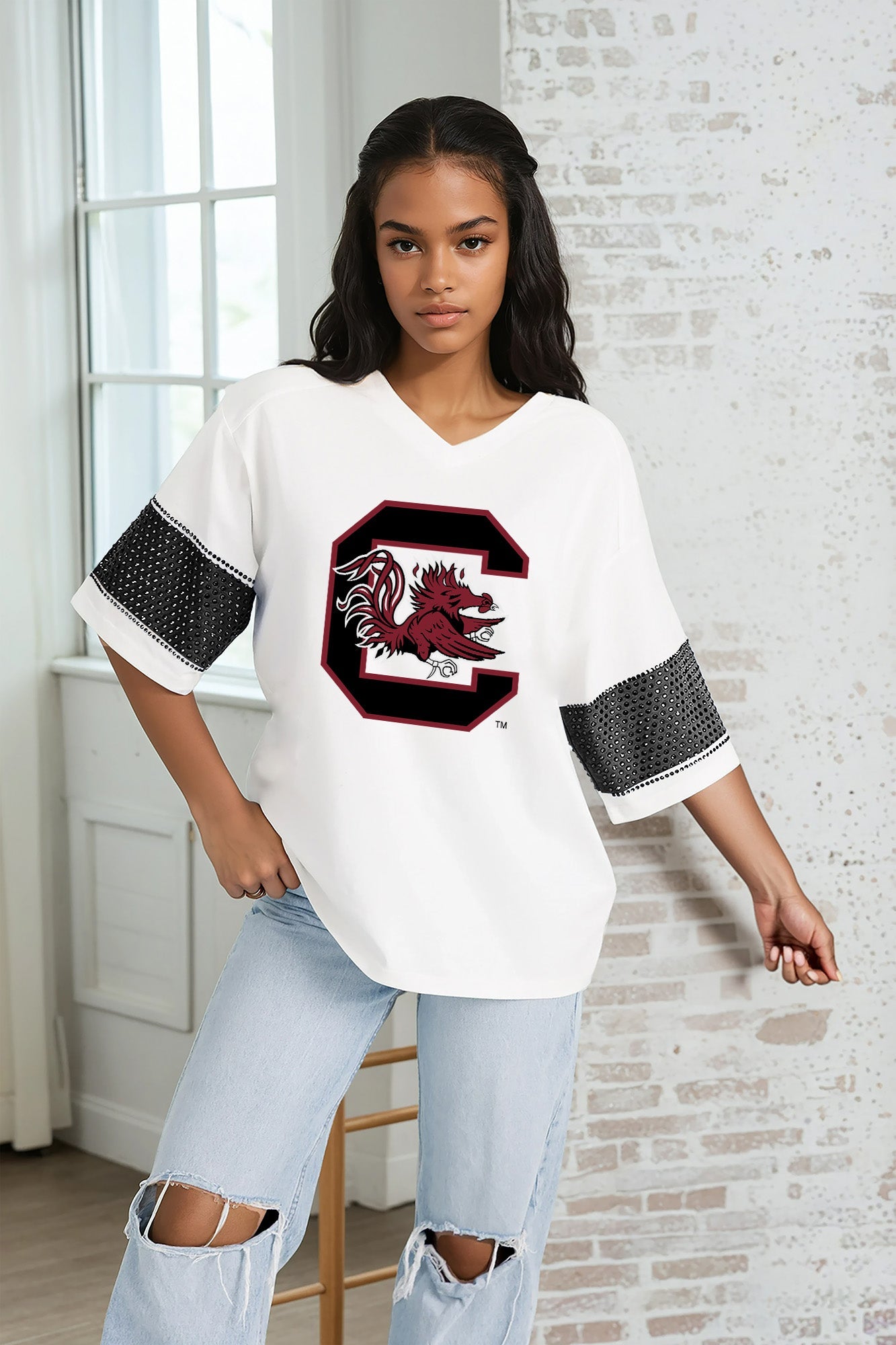 SOUTH CAROLINA GAMECOCKS DOMINANCE RHINESTONE STRIPE VARSITY TEE