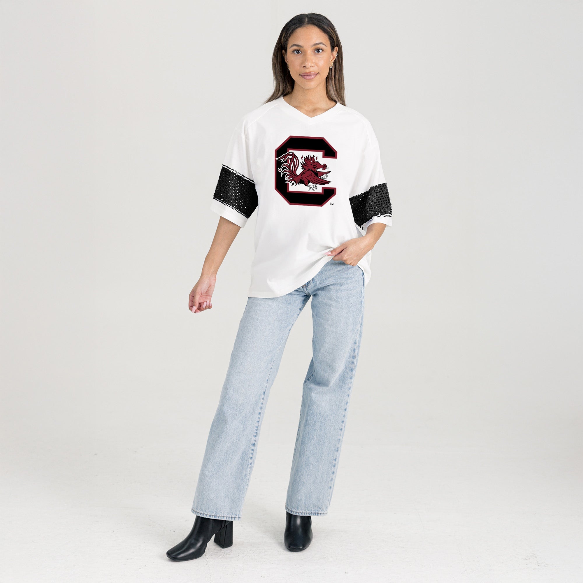 SOUTH CAROLINA GAMECOCKS DOMINANCE RHINESTONE STRIPE VARSITY TEE