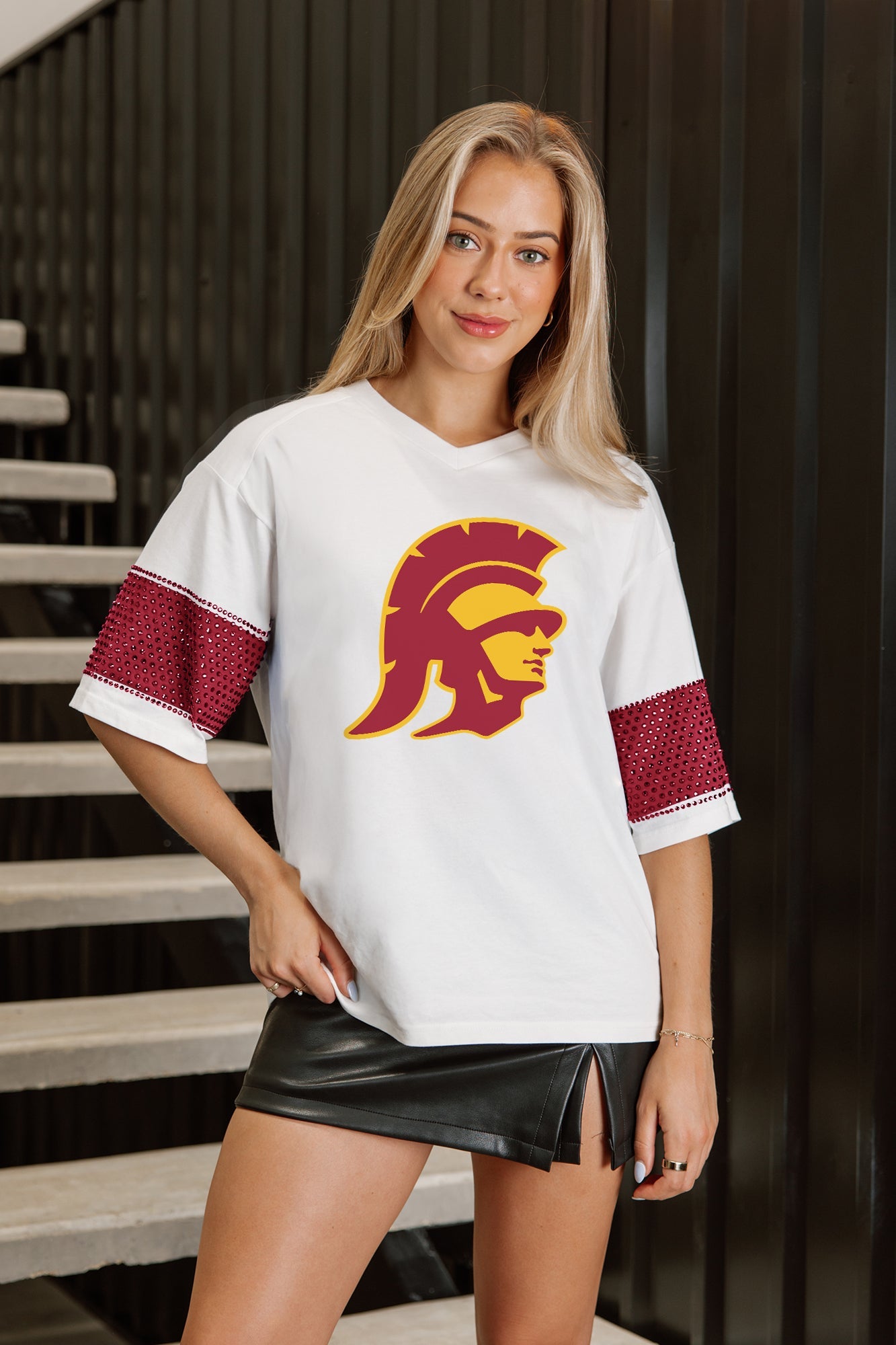 USC TROJANS DOMINANCE RHINESTONE STRIPE VARSITY TEE