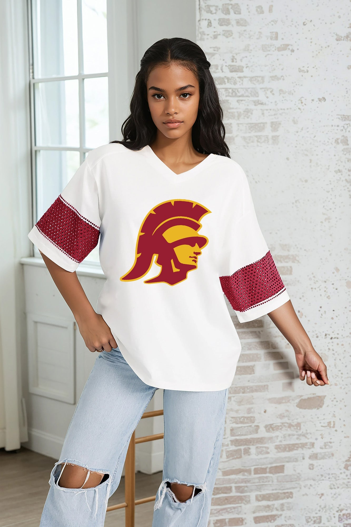 USC TROJANS DOMINANCE RHINESTONE STRIPE VARSITY TEE