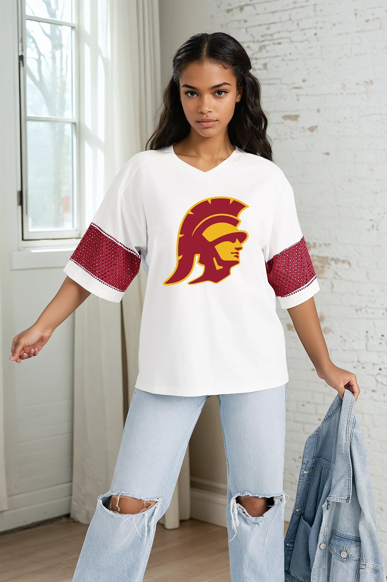 USC TROJANS DOMINANCE RHINESTONE STRIPE VARSITY TEE