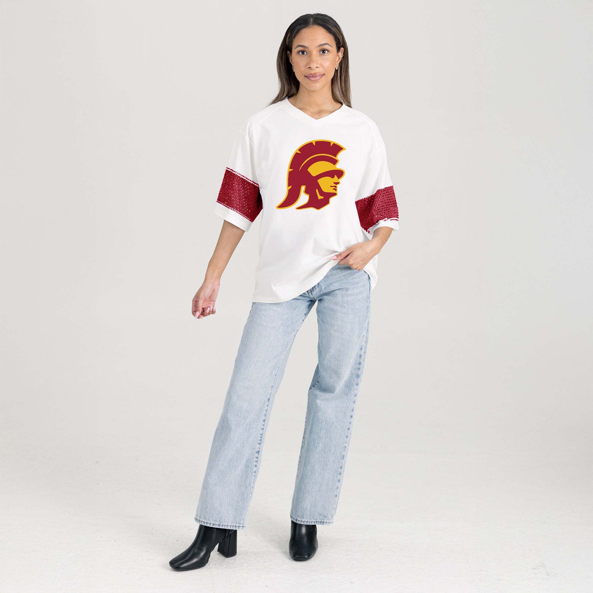 USC TROJANS DOMINANCE RHINESTONE STRIPE VARSITY TEE