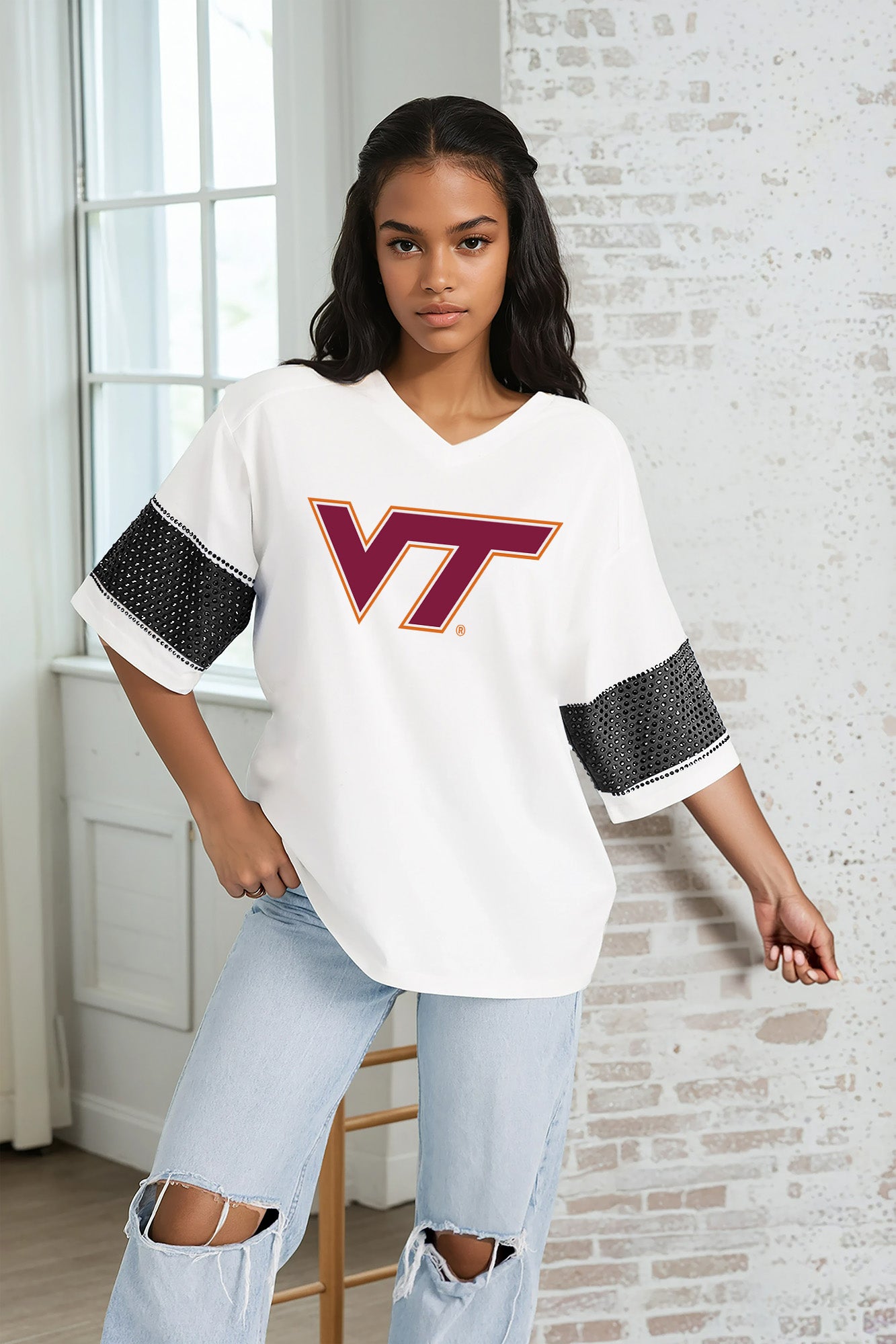 VIRGINIA TECH HOKIES DOMINANCE RHINESTONE STRIPE VARSITY TEE