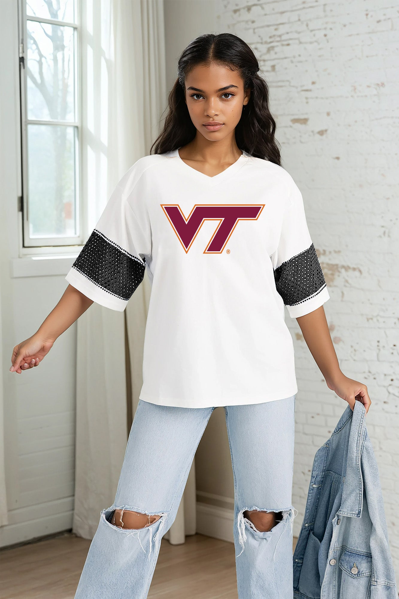 VIRGINIA TECH HOKIES DOMINANCE RHINESTONE STRIPE VARSITY TEE