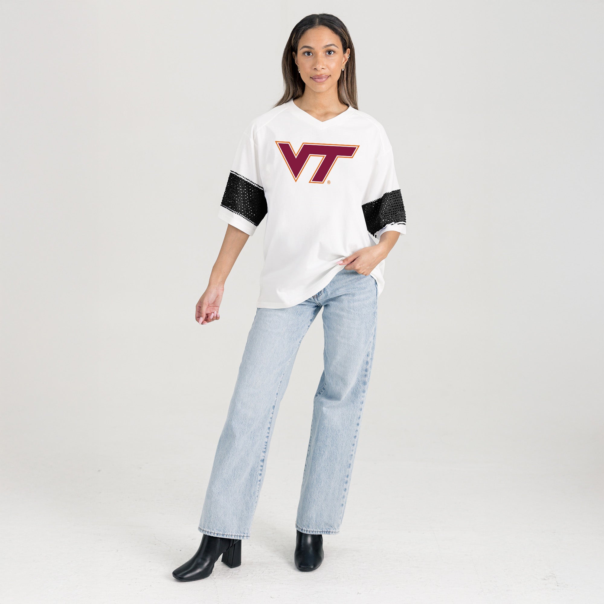 VIRGINIA TECH HOKIES DOMINANCE RHINESTONE STRIPE VARSITY TEE