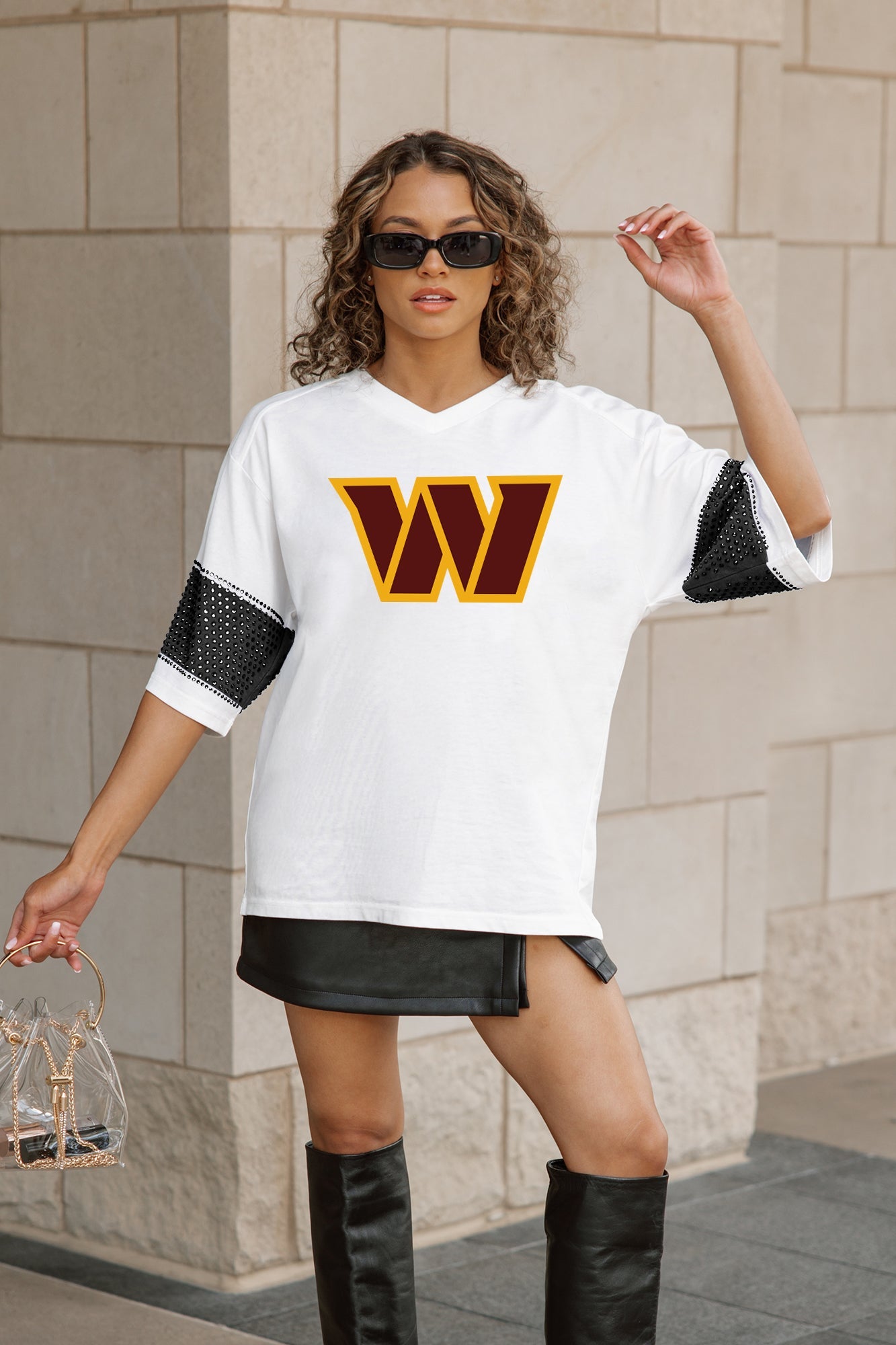 WASHINGTON COMMANDERS DOMINANCE RHINESTONE STRIPE VARSITY TEE