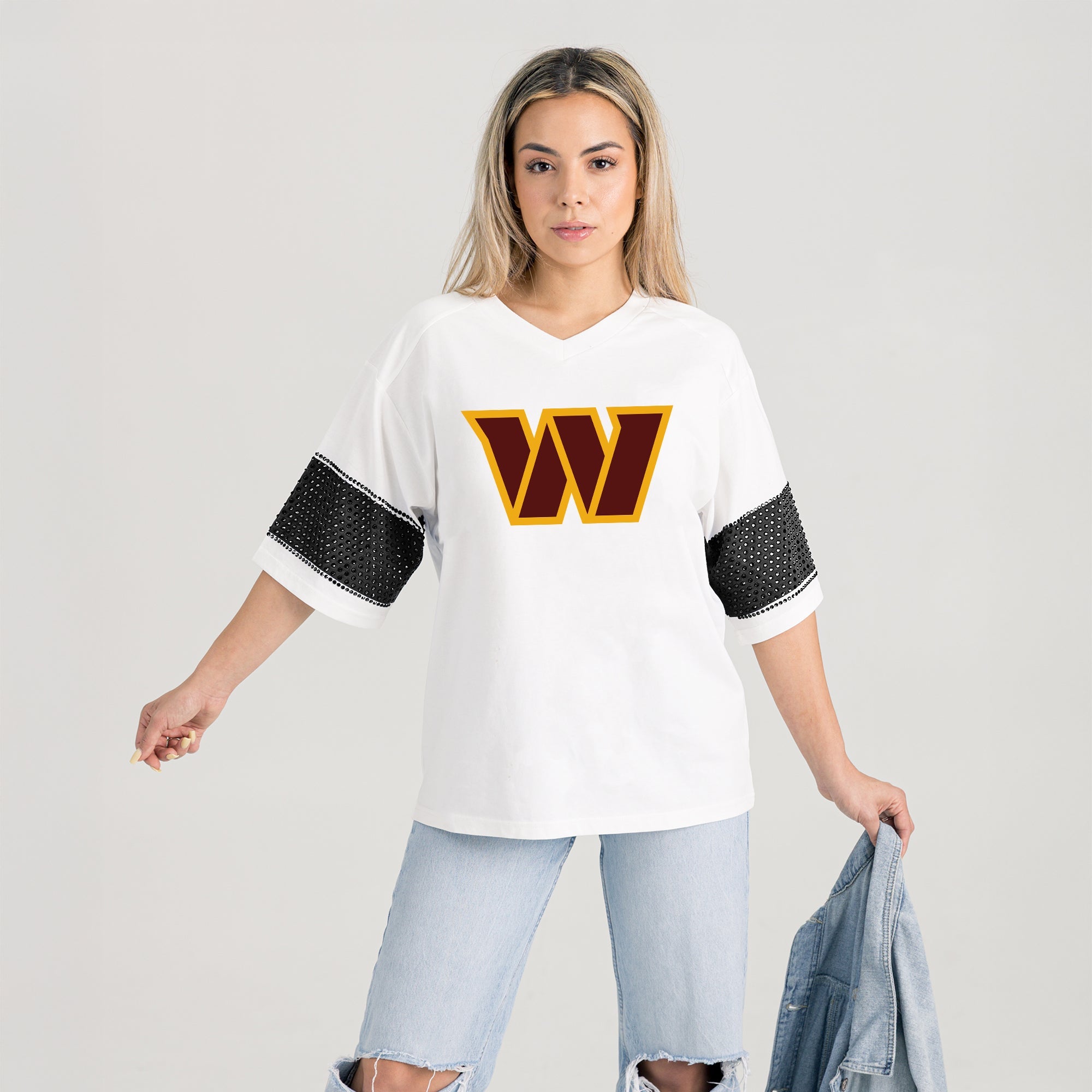 WASHINGTON COMMANDERS DOMINANCE RHINESTONE STRIPE VARSITY TEE