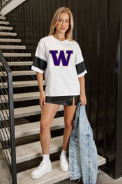 WASHINGTON HUSKIES DOMINANCE RHINESTONE STRIPE VARSITY TEE