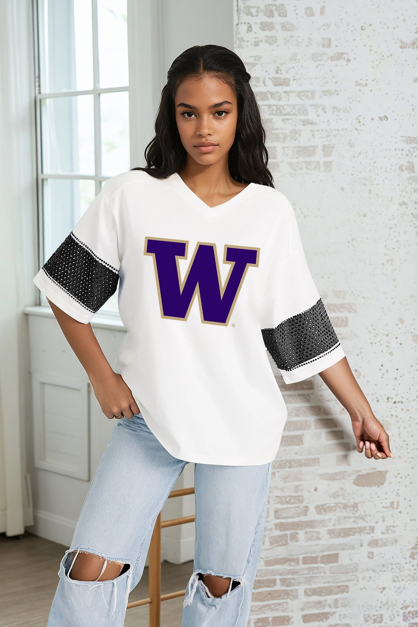 WASHINGTON HUSKIES DOMINANCE RHINESTONE STRIPE VARSITY TEE