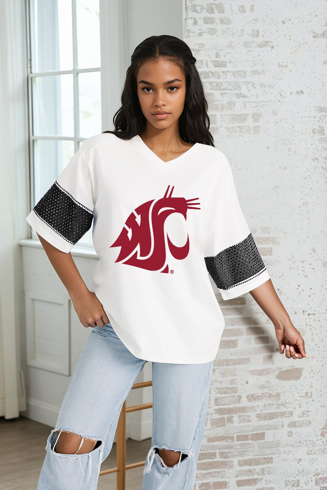 WASHINGTON STATE COUGARS DOMINANCE RHINESTONE STRIPE VARSITY TEE