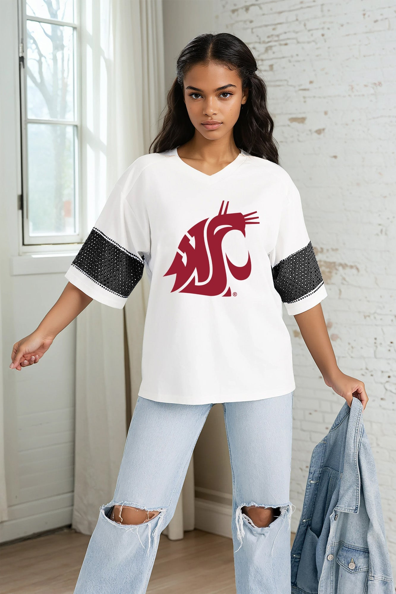 WASHINGTON STATE COUGARS DOMINANCE RHINESTONE STRIPE VARSITY TEE