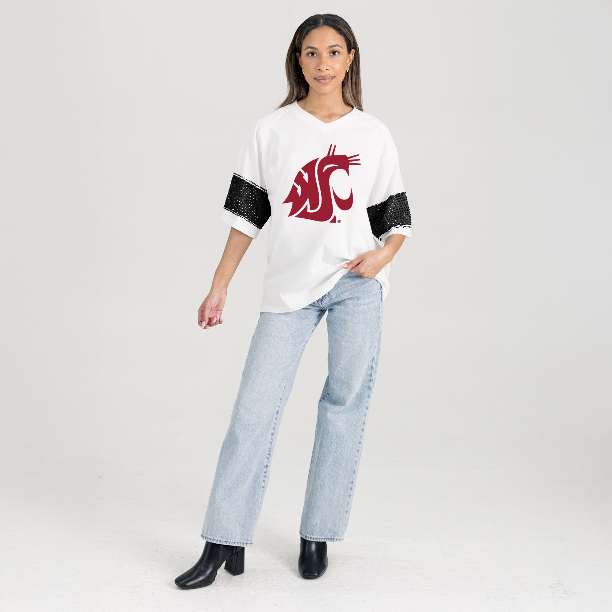 WASHINGTON STATE COUGARS DOMINANCE RHINESTONE STRIPE VARSITY TEE