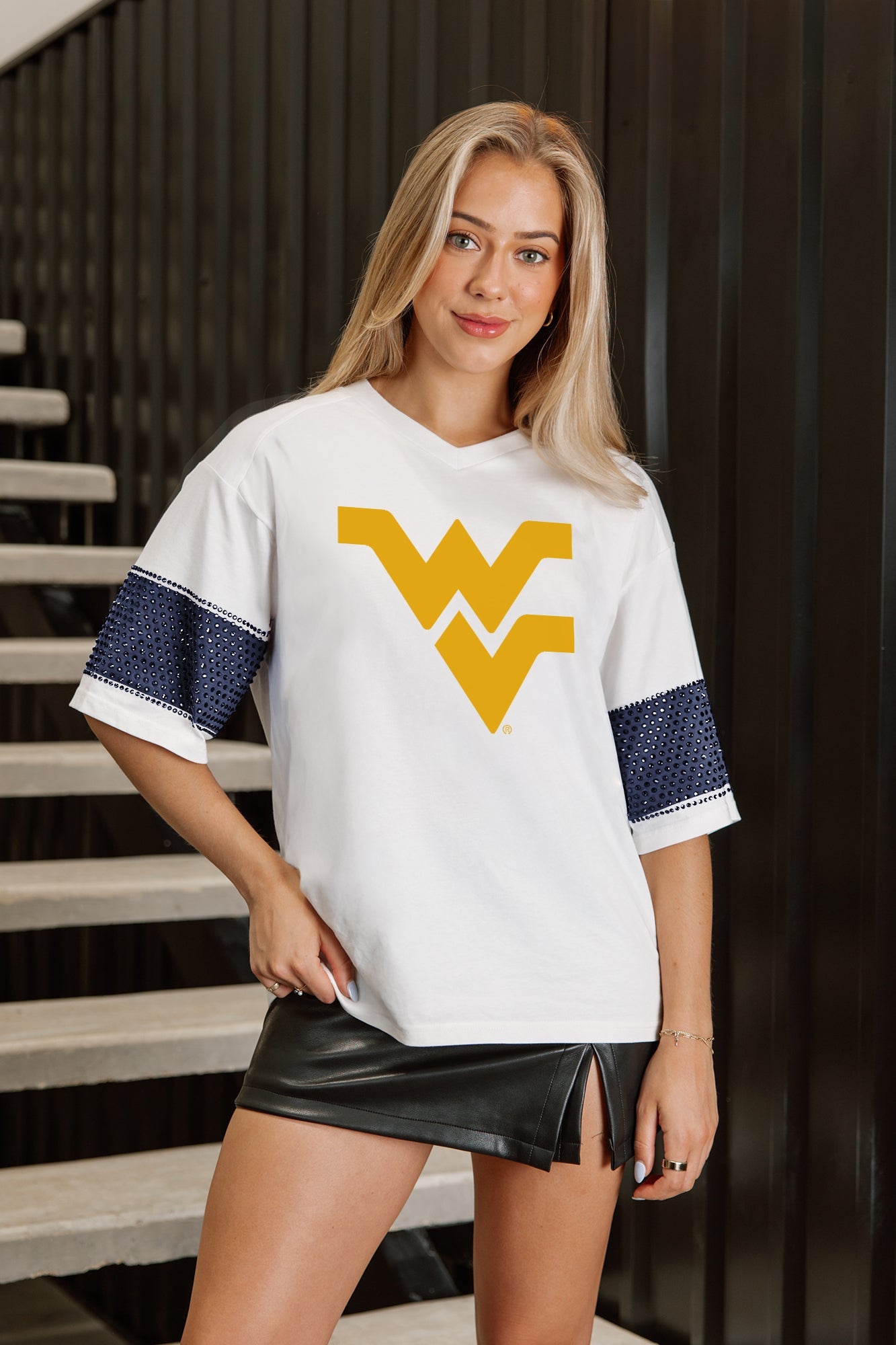 WEST VIRGINIA MOUNTAINEERS DOMINANCE RHINESTONE STRIPE VARSITY TEE