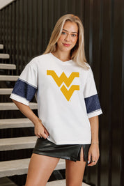 WEST VIRGINIA MOUNTAINEERS DOMINANCE RHINESTONE STRIPE VARSITY TEE