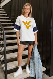WEST VIRGINIA MOUNTAINEERS DOMINANCE RHINESTONE STRIPE VARSITY TEE