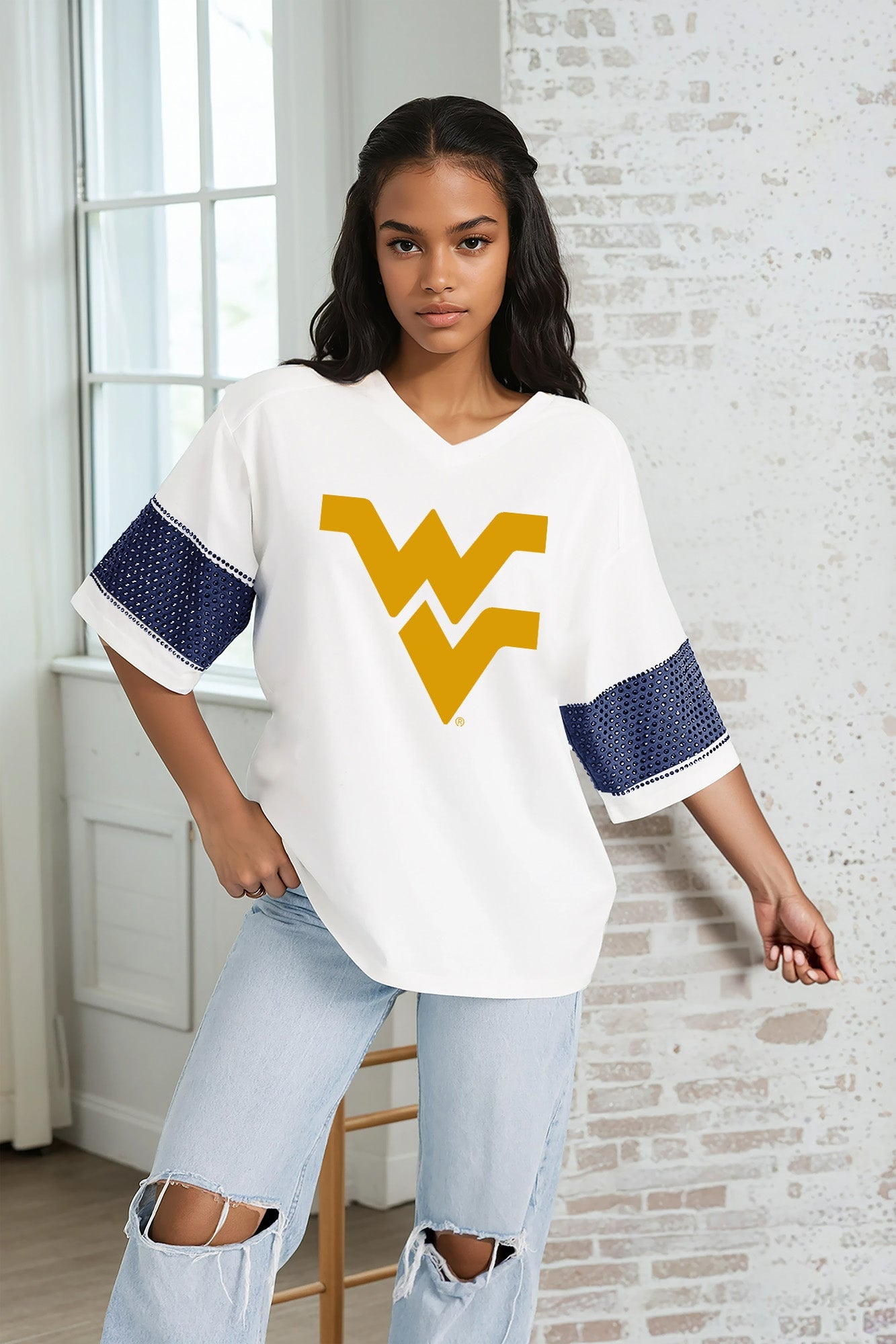WEST VIRGINIA MOUNTAINEERS DOMINANCE RHINESTONE STRIPE VARSITY TEE
