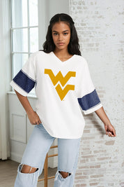 WEST VIRGINIA MOUNTAINEERS DOMINANCE RHINESTONE STRIPE VARSITY TEE