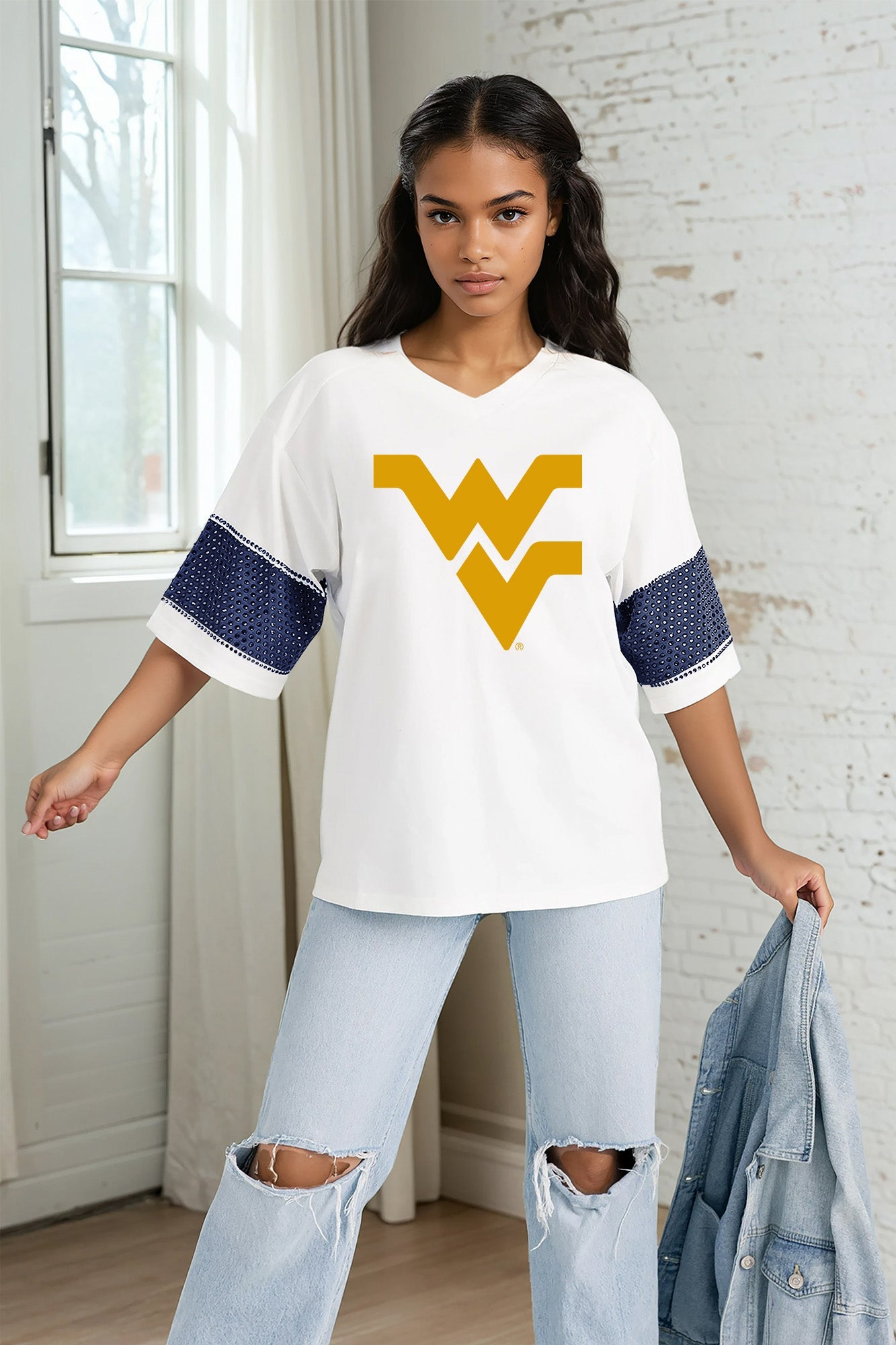 WEST VIRGINIA MOUNTAINEERS DOMINANCE RHINESTONE STRIPE VARSITY TEE
