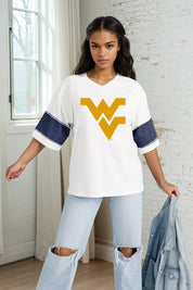 WEST VIRGINIA MOUNTAINEERS DOMINANCE RHINESTONE STRIPE VARSITY TEE