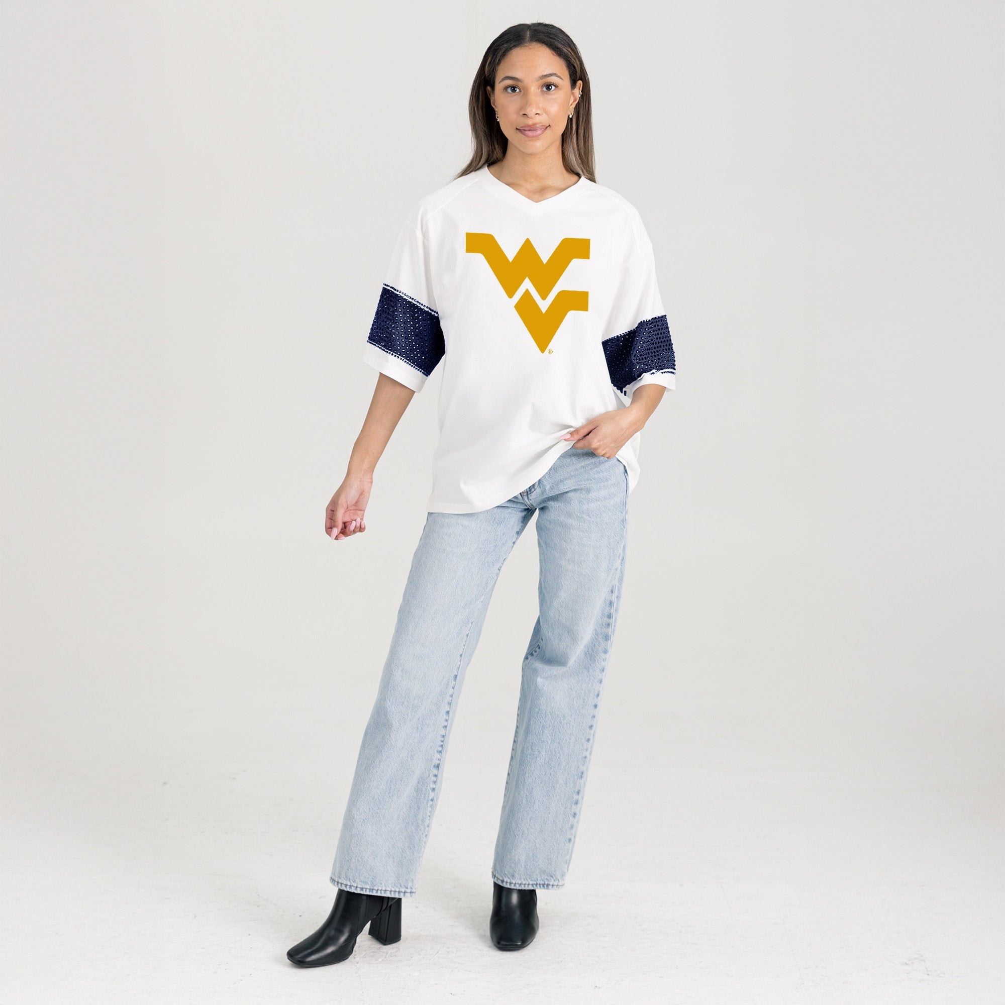 WEST VIRGINIA MOUNTAINEERS DOMINANCE RHINESTONE STRIPE VARSITY TEE