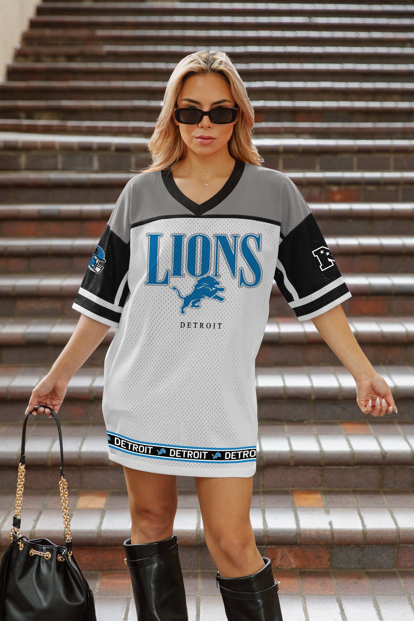 DETROIT LIONS HUSTLE MODE V-NECK FASHION JERSEY DRESS