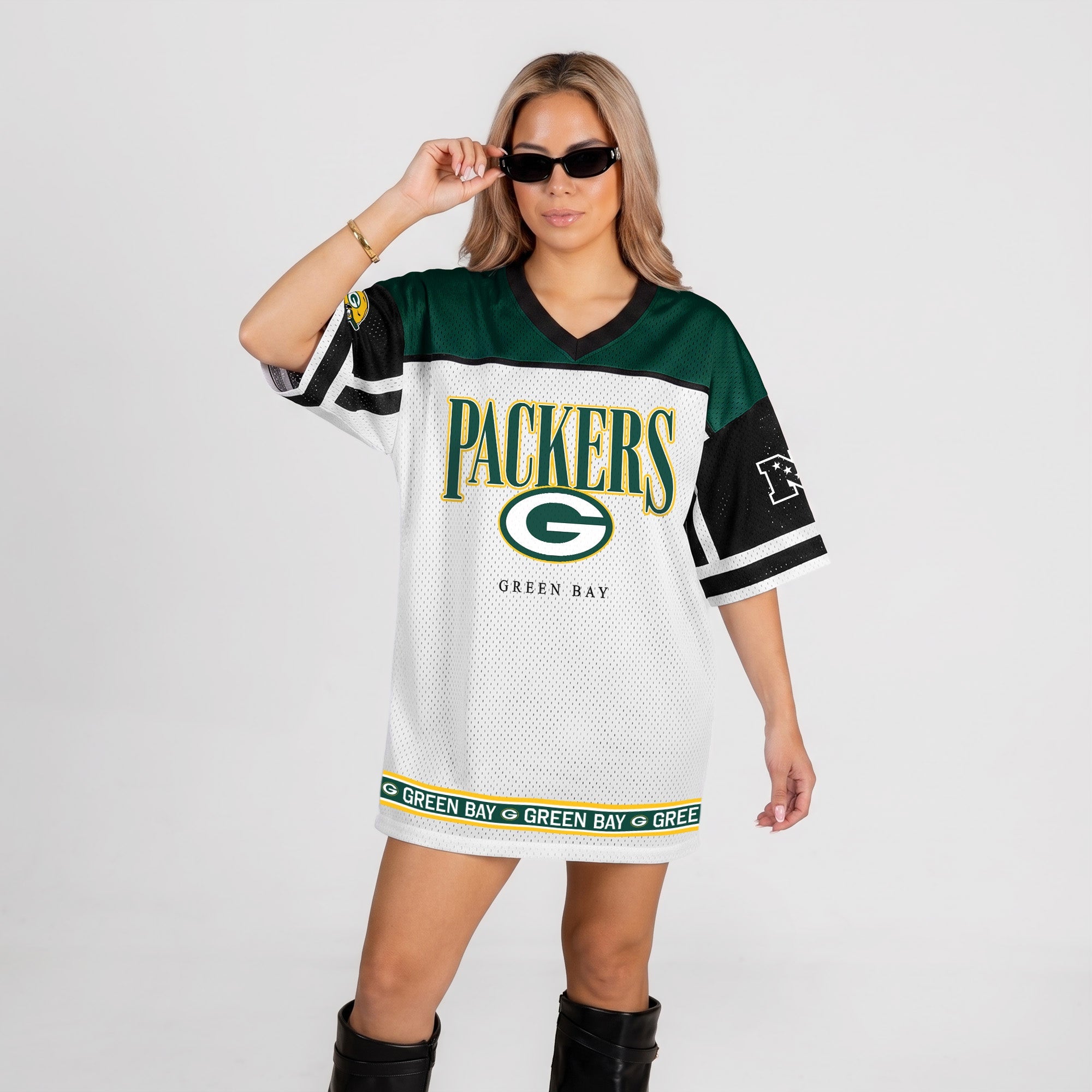 GREEN BAY PACKERS HUSTLE MODE V-NECK FASHION JERSEY DRESS