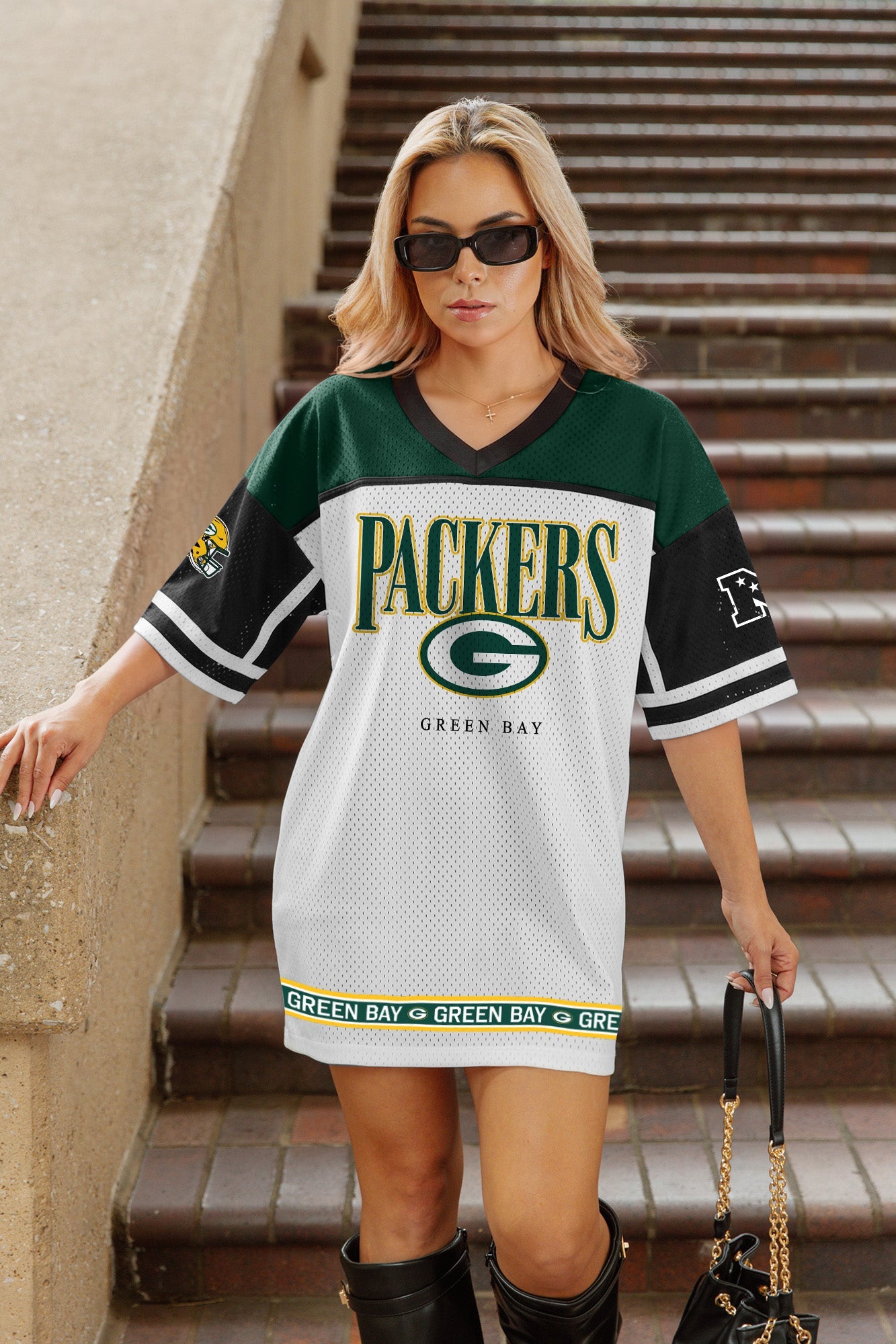 GREEN BAY PACKERS HUSTLE MODE V-NECK FASHION JERSEY DRESS