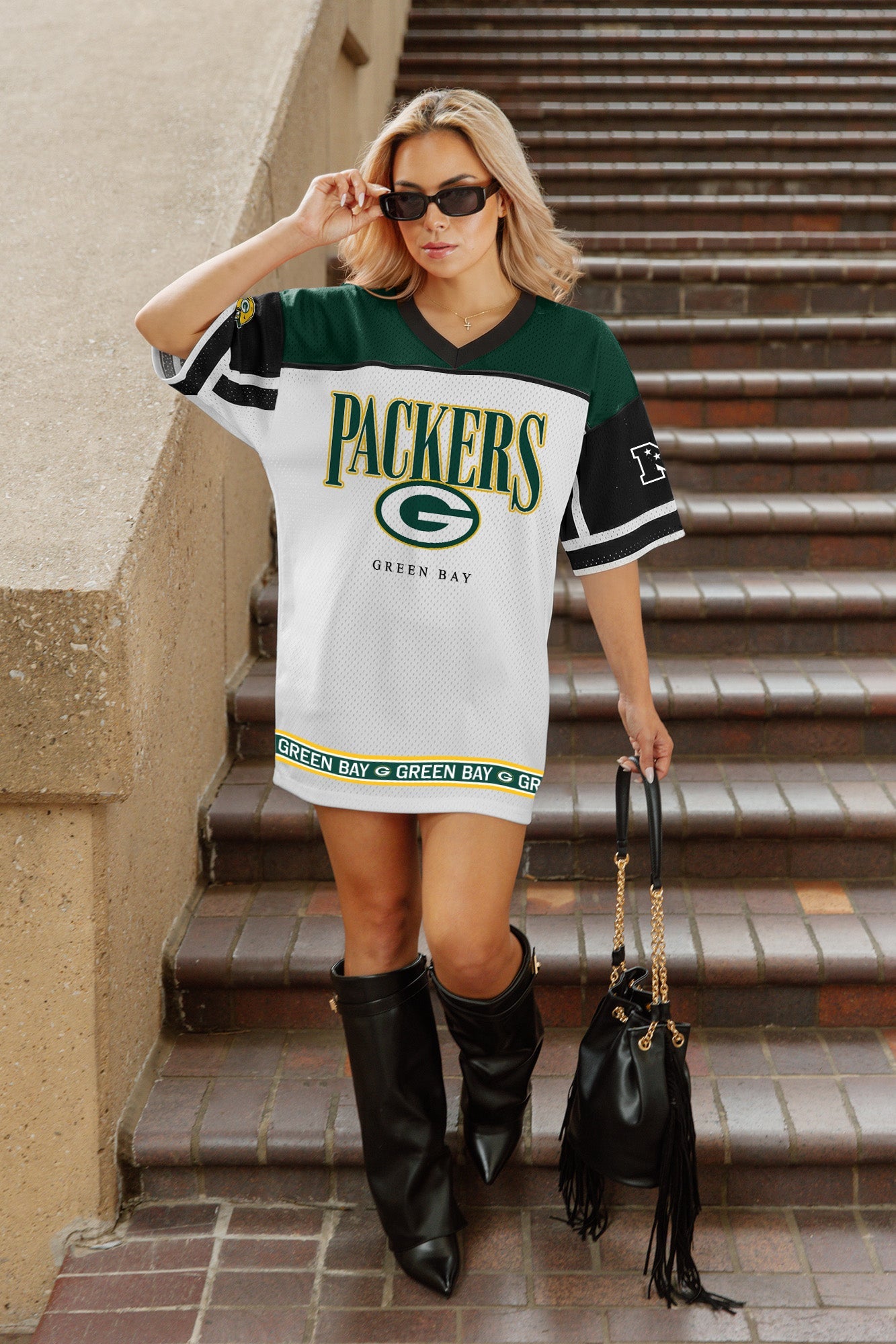 GREEN BAY PACKERS HUSTLE MODE V-NECK FASHION JERSEY DRESS